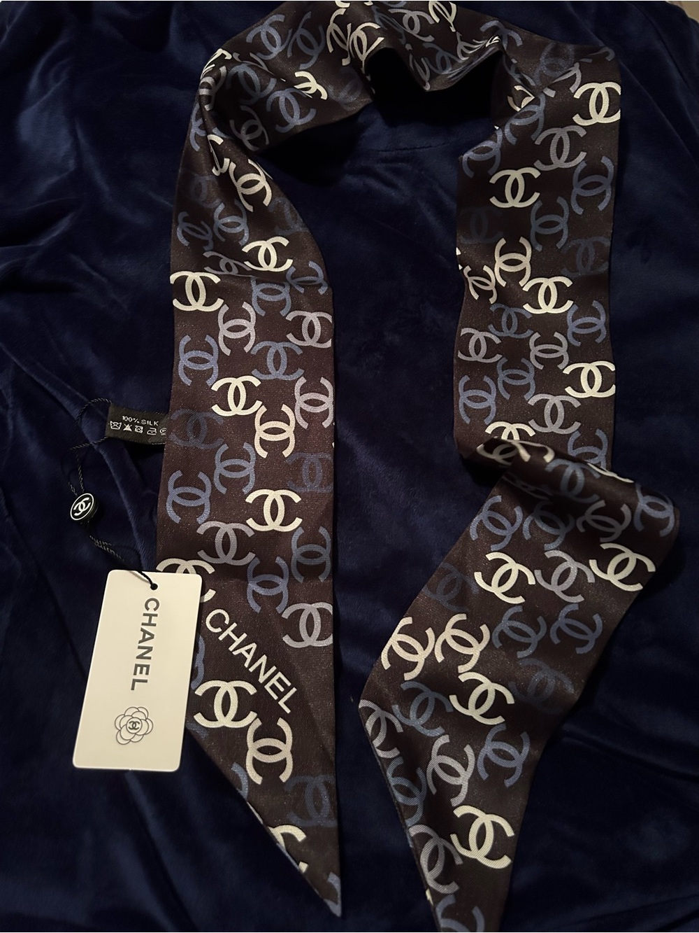 CHANEL Brown, Blue & Cream Logo 100% Silk Twilly Scarf! !